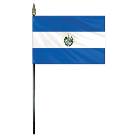 El Salvador Stick Flag With Seal 4x6 E Gloss